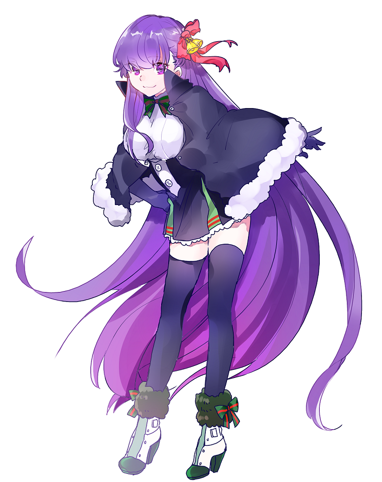 1girl bb_(fate/extra_ccc) black_legwear breasts capelet fate/grand_order fate_(series) fur_trim gloves hair_ribbon kogekontaro large_breasts long_hair purple_hair red_ribbon ribbon solo very_long_hair violet_eyes white_gloves