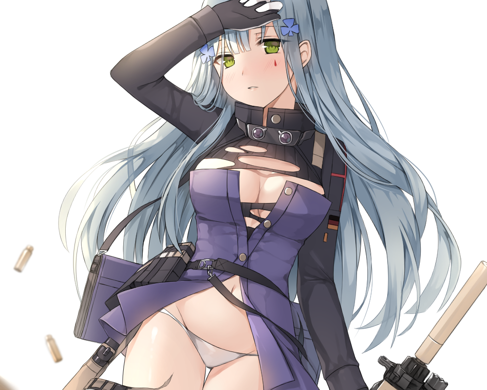 1girl arm_at_side arm_up assault_rifle bag bangs belt belt_pouch black_gloves blunt_bangs blush breasts buttons canape_(canape0130) cleavage clover_hair_ornament cowboy_shot dutch_angle facial_mark flag_print german_flag girls_frontline gloves goggles goggles_around_neck green_eyes groin gun hair_ornament hairclip heckler_&amp;_koch high_collar hk416 hk416_(girls_frontline) long_hair long_sleeves looking_at_viewer medium_breasts motion_blur navel no_bra no_pants panties parted_lips rifle shell_casing shoulder_bag silver_hair simple_background solo standing stomach teardrop thigh_gap torn_clothes underwear very_long_hair weapon white_background white_panties