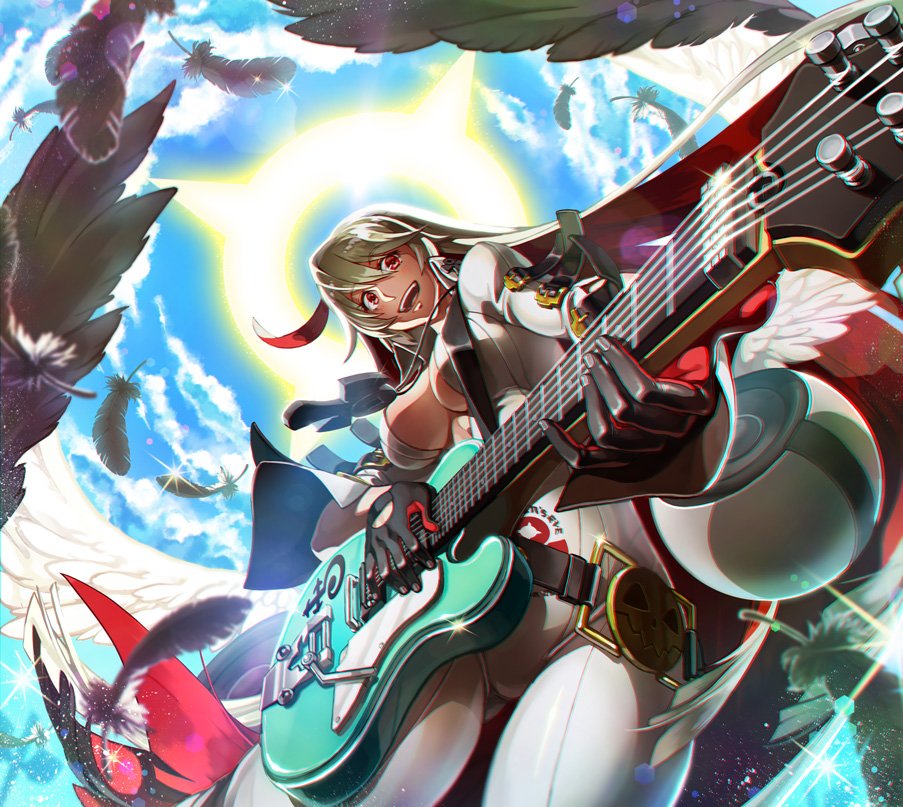 1girl :d ahoge ankh bangs belt belt_buckle black_belt black_gloves blonde_hair bodysuit breasts buckle center_opening chromatic_aberration clouds cloudy_sky cowboy_shot day eyebrows eyebrows_visible_through_hair eyelashes feathered_wings feathers from_below gloves gluteal_fold guilty_gear guilty_gear_xrd guitar hair_between_eyes halo holding holding_instrument instrument jack-o'_valentine jewelry legs_apart light_particles long_hair long_sleeves loose_belt medium_breasts midriff multicolored_hair music necklace open_mouth playing_instrument red_eyes redhead sky smile solo sparkle tanagawa_makoto teeth tongue two-tone_hair white_bodysuit white_wings wings