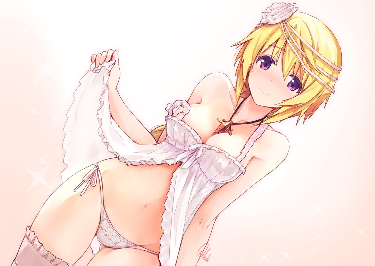 1girl azumi_akitake bad_id bad_twitter_id blonde_hair blush breasts charlotte_dunois infinite_stratos jewelry necklace panties pendant side-tie_panties thigh-highs underwear violet_eyes