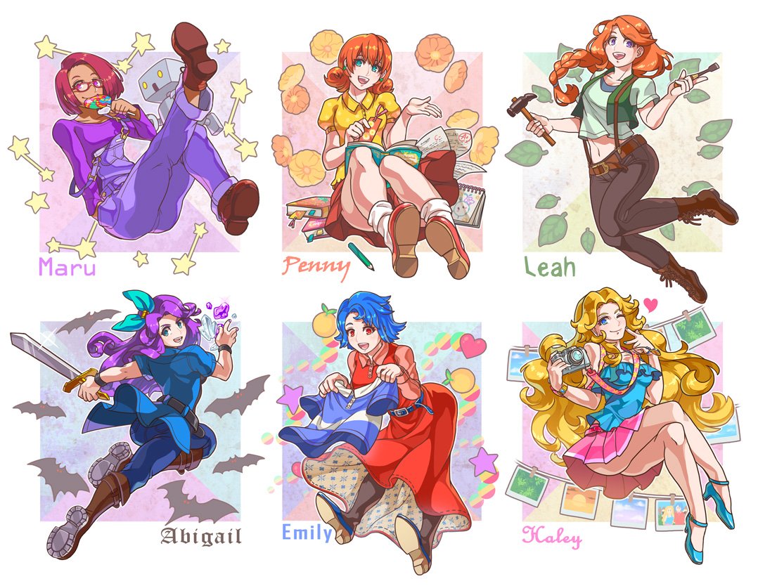 6+girls :d ;) abigail_(stardew_valley) animal aqua_eyes aqua_ribbon ass bangs bare_arms bare_shoulders bat belt belt_buckle black_belt black_legwear black_pants black_shirt blonde_hair blue_belt blue_eyes blue_footwear blue_hair blue_jacket blue_pants blue_shirt bobby_socks book bookmark boots bracelet braid breasts brown_belt brown_footwear buckle buttons camera character_name collarbone collared_shirt crop_top cross-laced_footwear dark_skin denim dress dress_shirt earrings emily_(stardew_valley) eyebrows eyebrows_visible_through_hair flower food fruit full_body gem glasses green_nails green_shirt green_vest hair_between_eyes hair_intakes hair_ribbon hair_tie haley_(stardew_valley) hammer hand_in_pocket hand_up heart high_heels holding holding_camera holding_clothes holding_hammer holding_sword holding_weapon horizontal-striped_shirt horizontal_stripes jacket jewelry lace-up_boots leaf leah_(stardew_valley) leg_up legs_apart legs_crossed long_hair long_sleeves maru_(stardew_valley) medium_breasts medium_hair miniskirt multiple_girls nail_polish navel necklace one_eye_closed open_book open_clothes open_jacket open_mouth open_vest orange orange_flower orange_hair outline overalls pants pantyhose paper pencil penny_(stardew_valley) photo_(object) pink_belt pink_eyes pink_shirt pink_skirt pleated_skirt pocket purple_hair purple_shirt red-framed_eyewear red_dress red_eyes red_footwear red_skirt redhead ribbon robot shirt shoes short_hair short_sleeves single_braid sitting sketchbook skirt sleeve_cuffs smile socks star stardew_valley stomach strap_slip striped striped_shirt suspenders sword tanagawa_makoto tank_top teeth text tongue undershirt v very_long_hair vest violet_eyes wavy_hair weapon white_legwear white_outline wristband yellow_flower yellow_shirt