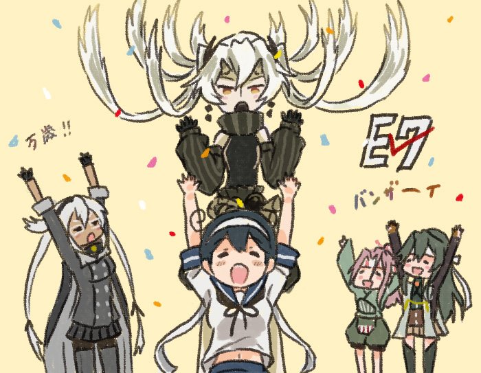 5girls abyssal_crane_hime ahoge arms_up black_hair blush_stickers closed_eyes comic commentary_request earrings glasses gloves green_hair hachimaki headband headgear horns jewelry kantai_collection long_coat long_hair long_sleeves midriff multiple_girls musashi_(kantai_collection) navel open_mouth otoufu pink_hair ponytail remodel_(kantai_collection) school_uniform serafuku shinkaisei-kan short_sleeves sidelocks smile tan thigh-highs translation_request twintails ushio_(kantai_collection) white_hair wide_sleeves zuihou_(kantai_collection) zuikaku_(kantai_collection)