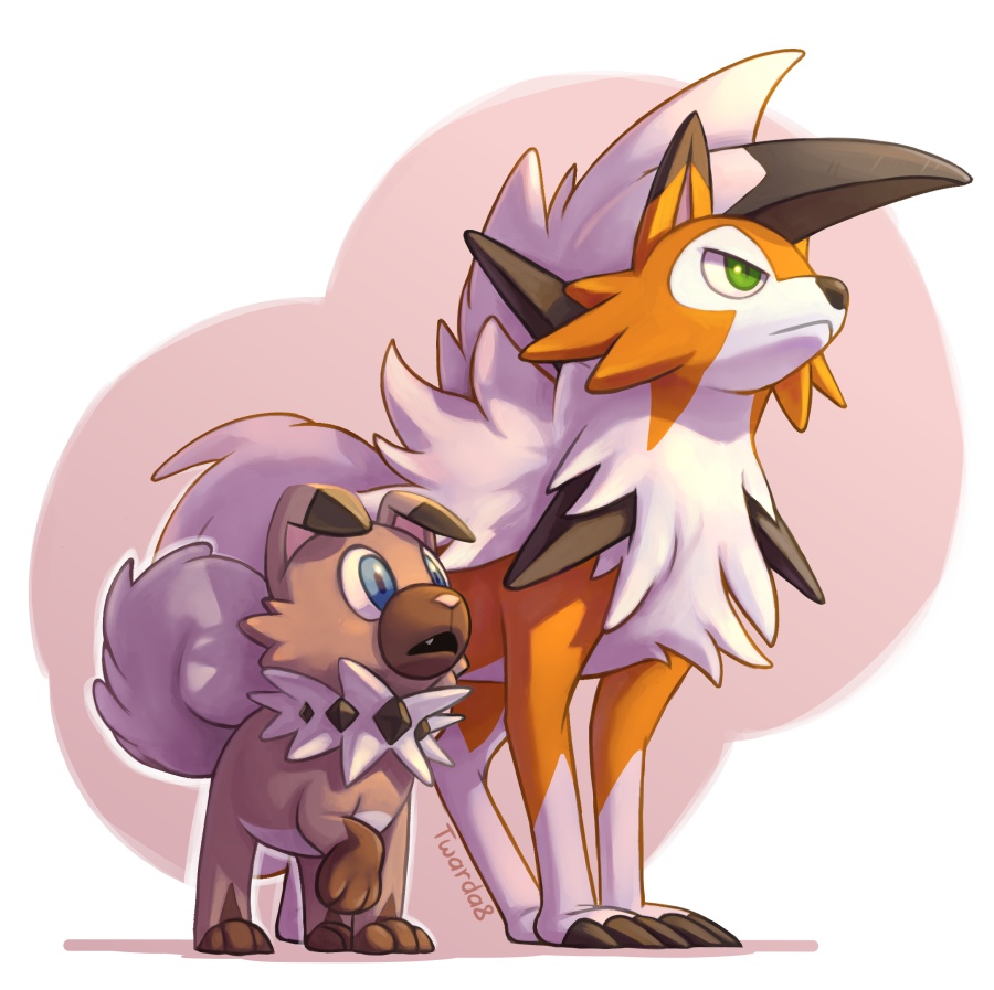 artist_name blue_eyes closed_mouth commentary creature deviantart_username dog fang gen_7_pokemon green_eyes lycanroc no_humans open_mouth pokemon pokemon_(creature) rockruff signature simple_background spikes standing twarda8 white_background wolf