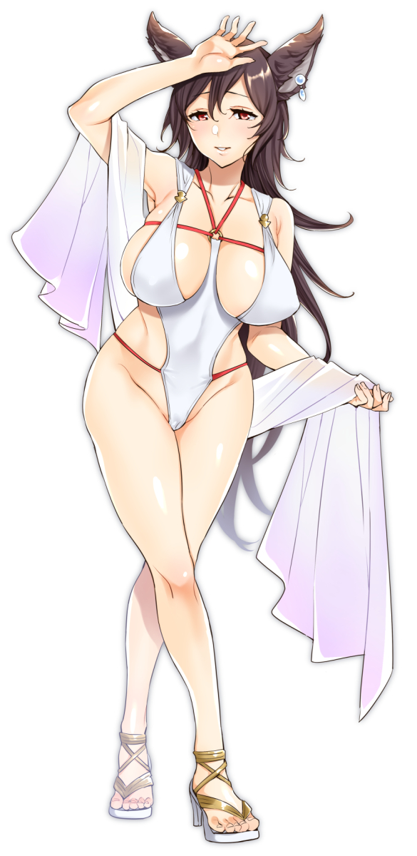 1girl animal_ears arm_up bare_shoulders black_hair blush breasts collarbone earrings emua erune granblue_fantasy hair_between_eyes high_heels highres hips ilsa jewelry large_breasts legs long_hair o-ring one-piece_swimsuit red_eyes sandals sash simple_background smile solo sweater swimsuit thighs waist white_background white_sweater