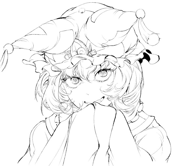 1girl :d commentary_request dress eyelashes greyscale grin hair_between_eyes hands_together hat hiyuu_(flying_bear) looking_at_viewer monochrome open_mouth pillow_hat short_hair simple_background sleeves_past_fingers smile solo tassel teeth touhou upper_body wide_sleeves yakumo_ran