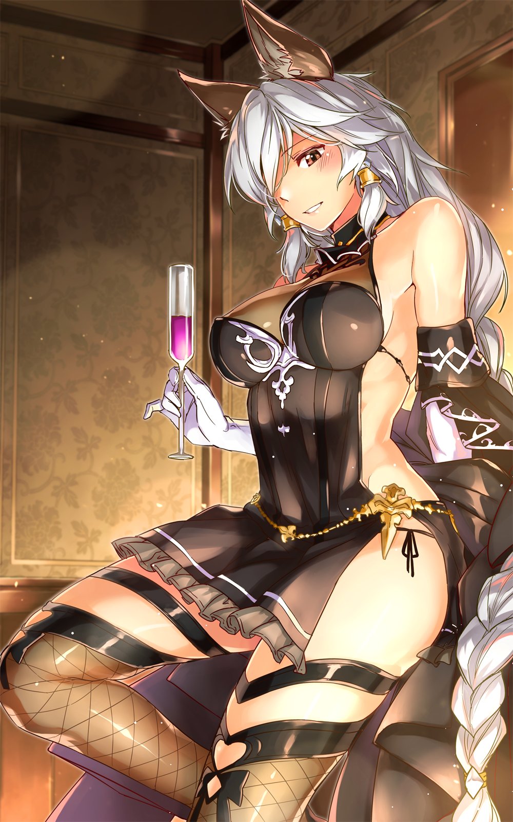 1girl abo_(hechouchou) animal_ears backless_outfit bangs bare_shoulders black_dress black_legwear blush braid breasts brown_eyes chains cup dress drinking_glass elbow_gloves erune eyebrows_visible_through_hair fishnet_legwear fishnets gloves granblue_fantasy hair_tubes halterneck heles highres hips holding indoors large_breasts long_hair looking_at_viewer side_slit silver_hair single_braid smile solo thigh-highs thighs very_long_hair white_gloves