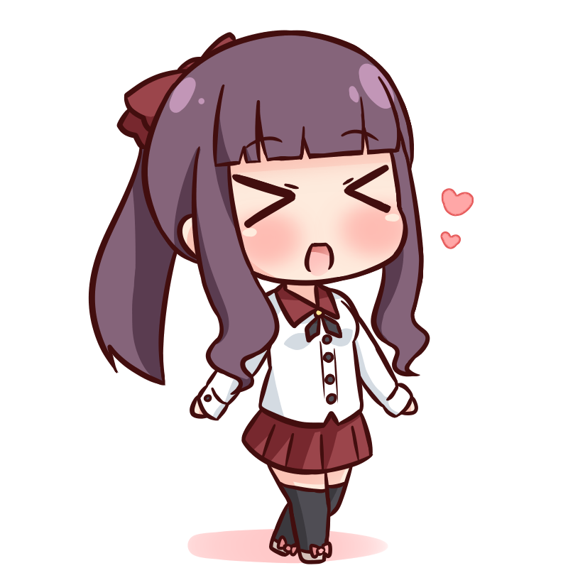 &gt;_&lt; 1girl :d bangs black_legwear blunt_bangs blush bow breasts brown_footwear chibi closed_eyes commentary_request eyebrows_visible_through_hair full_body hair_bow hana_kazari heart long_hair long_sleeves medium_breasts new_game! open_mouth pleated_skirt ponytail purple_hair red_bow red_skirt shirt sidelocks skirt smile solo standing takimoto_hifumi thigh-highs white_background white_shirt xd