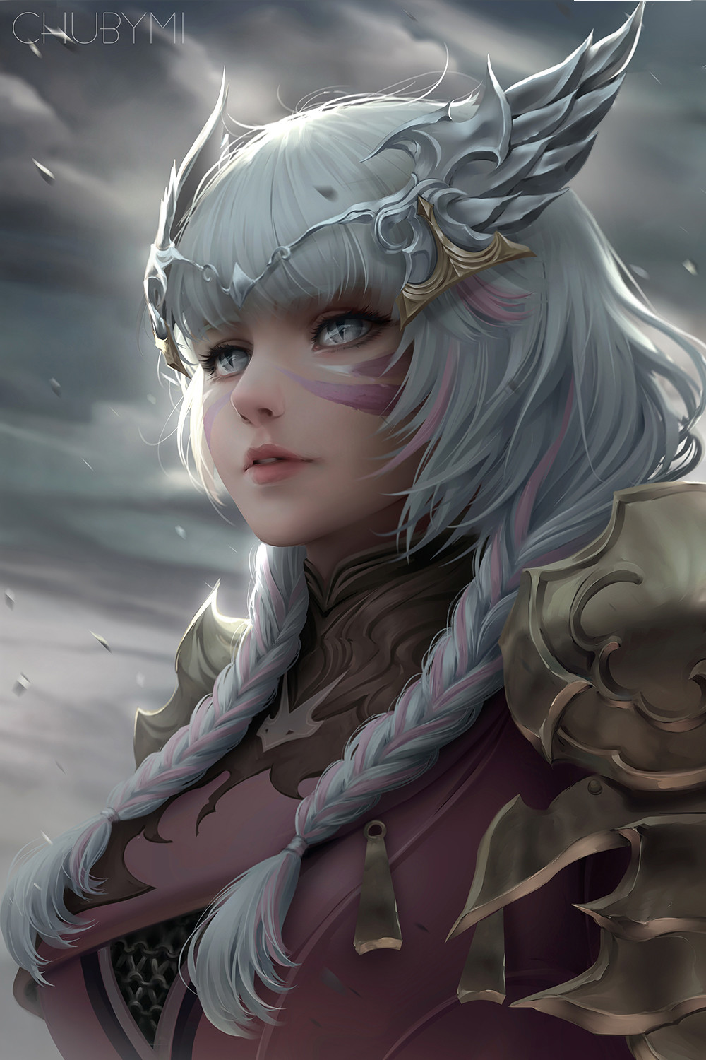 1girl armor artist_name braid chuby_mi circlet clouds facepaint facial_mark final_fantasy final_fantasy_xiv grey_eyes highres lips long_hair miqo'te multicolored_hair overcast paladin_(final_fantasy) parted_lips pauldrons portrait slit_pupils solo twin_braids two-tone_hair white_hair wind