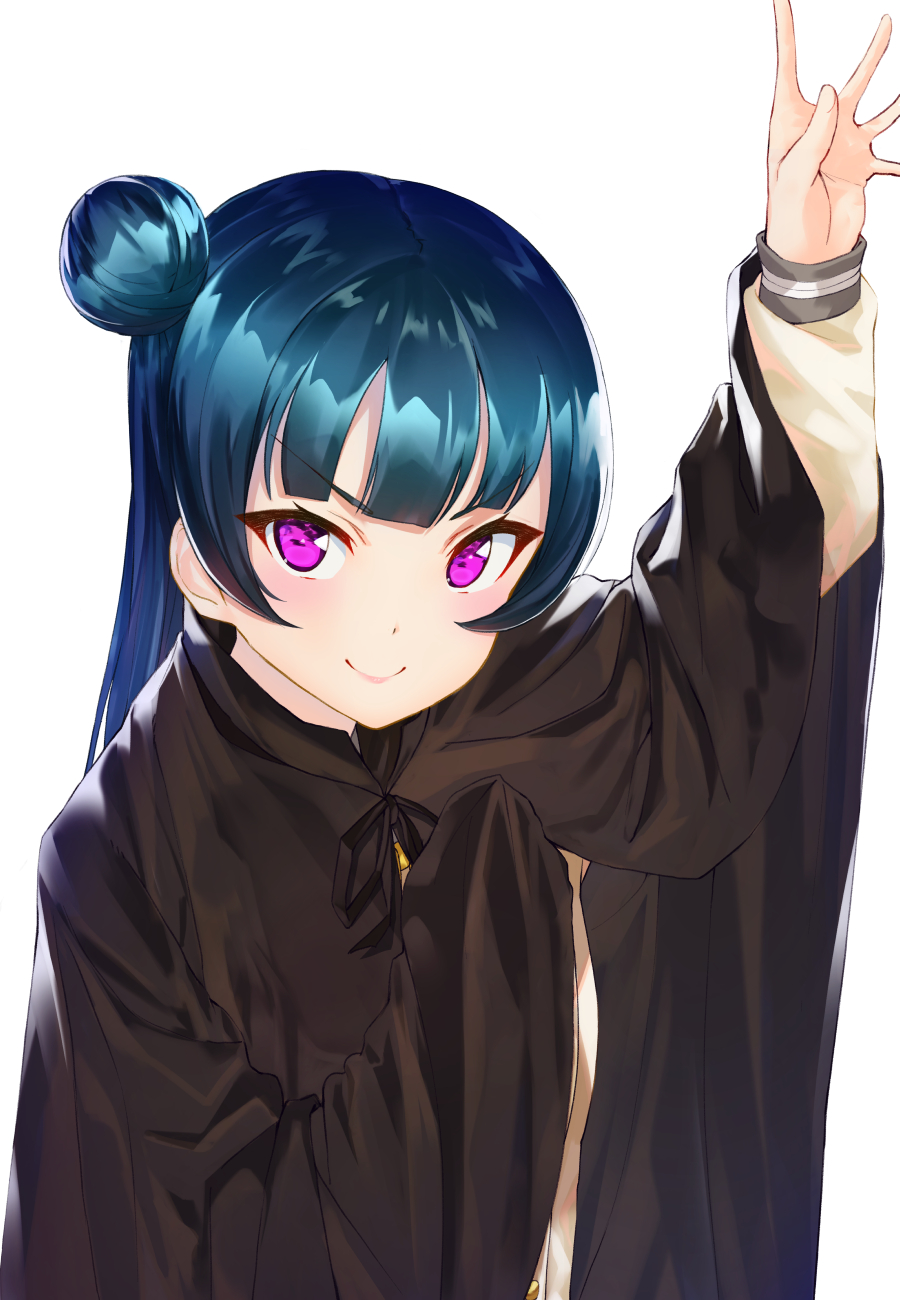 &gt;:) 1girl arm_up bangs black_cape blue_hair cape commentary_request highres long_hair long_sleeves looking_at_viewer love_live! love_live!_sunshine!! marshall_(wahooo) school_uniform serafuku side_bun simple_background solo tsushima_yoshiko upper_body v-shaped_eyebrows violet_eyes white_background