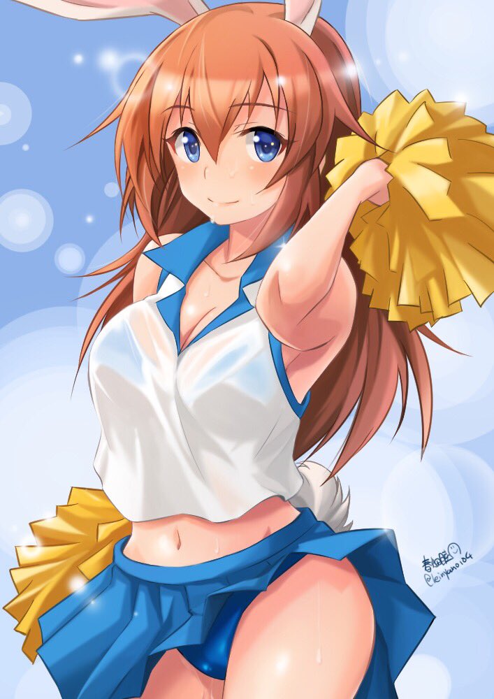 1girl alternate_costume animal_ears arm_up artist_name bangs blue_panties blue_skirt breasts brown_eyes brown_hair charlotte_e_yeager cheerleader cleavage closed_mouth commentary_request cowboy_shot eyebrows_visible_through_hair haruhata_mutsuki holding long_hair looking_at_viewer medium_breasts midriff miniskirt navel panties pantyshot pantyshot_(standing) pleated_skirt pom_poms rabbit_ears shirt signature skirt sleeveless sleeveless_shirt smile solo standing strike_witches sweat twitter_username underwear wet_clothes white_shirt world_witches_series