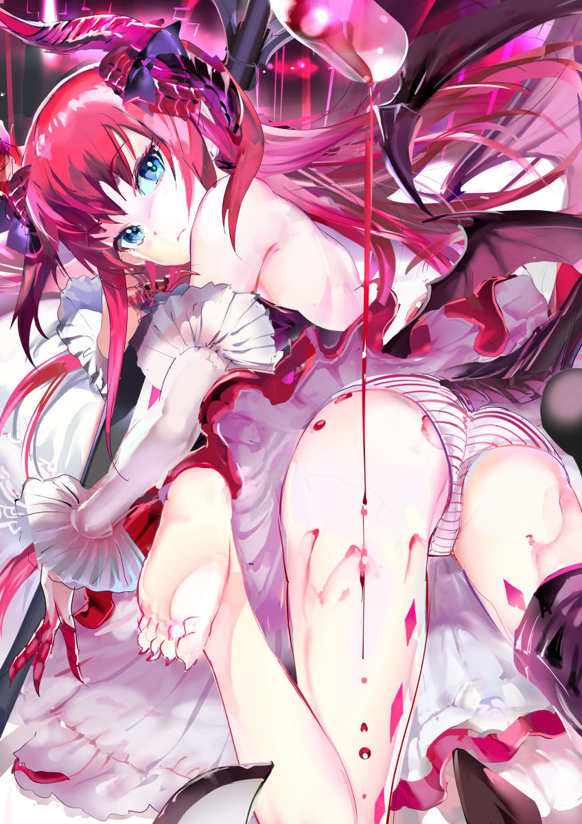 119 1girl alcohol ass bangs blue_eyes claws commentary_request cup detached_sleeves dragon_girl dragon_tail drinking_glass elizabeth_bathory_(fate) elizabeth_bathory_(fate)_(all) fate/grand_order fate_(series) highres horns looking_at_viewer looking_back lying on_stomach panties solo striped striped_panties tail underwear wine wine_glass wings