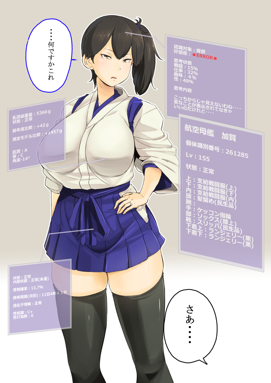 1girl brown_eyes brown_hair highres japanese_clothes jewelry kaga_(kantai_collection) kantai_collection long_hair ring ryuun_(stiil) side_ponytail solo status_bar tasuki thigh-highs translation_request wedding_ring