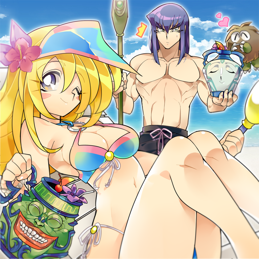 /\/\/\ 1boy 1girl blonde_hair breasts cleavage closed_mouth commentary_request dark_magician dark_magician_girl duel_monster flower hair_flower hair_ornament hat kuriboh long_hair misaka_(missa) no_headwear pot_of_duality pot_of_greed shorts smile staff swimsuit yu-gi-oh! yuu-gi-ou_duel_monsters