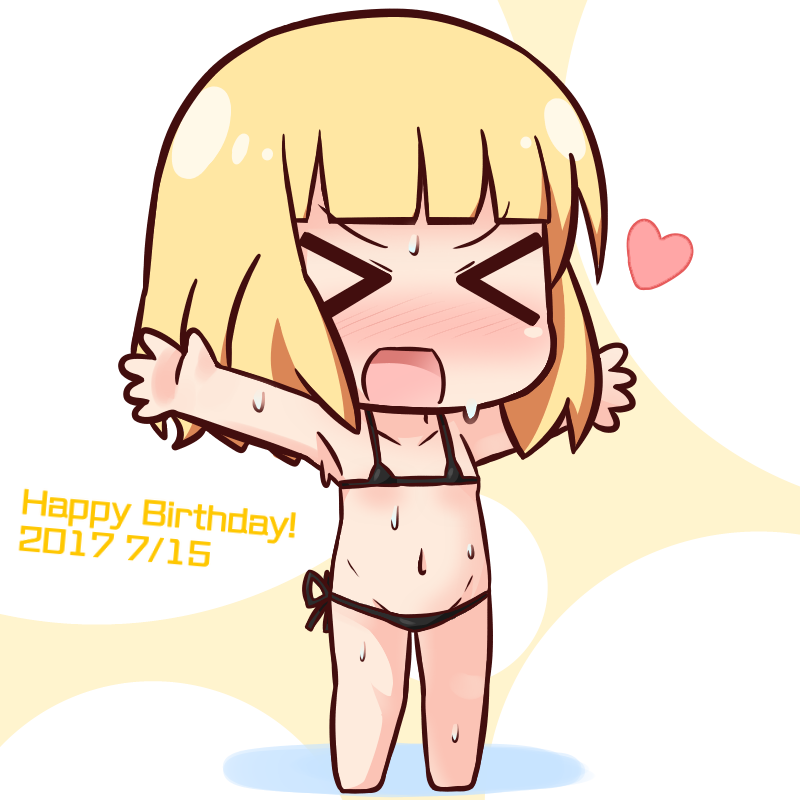 &gt;_&lt; 1girl :d bangs bare_arms bare_legs bare_shoulders barefoot bikini black_bikini blonde_hair blunt_bangs blush chibi closed_eyes collarbone commentary_request dated eyebrows_visible_through_hair facing_viewer full_body gochuumon_wa_usagi_desu_ka? groin hana_kazari happy_birthday heart kirima_sharo micro_bikini navel nose_blush open_mouth outstretched_arms side-tie_bikini smile solo standing swimsuit wet xd