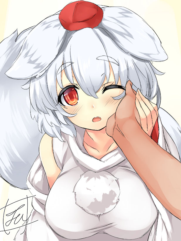1girl animal_ears bangs blush breasts commentary_request detached_sleeves eyebrows_visible_through_hair hair_between_eyes hand_on_another's_cheek hand_on_another's_face hand_up hat inubashiri_momiji looking_at_viewer medium_breasts one_eye_closed open_mouth orange_eyes out_of_frame pom_pom_(clothes) pov pov_hands short_hair signature solo_focus tail taut_clothes tirotata tokin_hat touhou upper_body white_hair wolf_ears wolf_tail