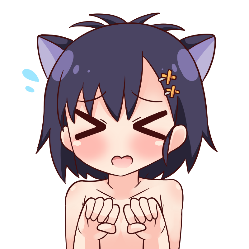 &gt;_&lt; 1girl animal_ears bangs black_hair collarbone commentary_request eyebrows_visible_through_hair facing_viewer flying_sweatdrops gabriel_dropout hair_between_eyes hair_ornament hairclip hana_kazari hands_up kemonomimi_mode nude open_mouth simple_background solo tsukinose_vignette_april white_background x_hair_ornament