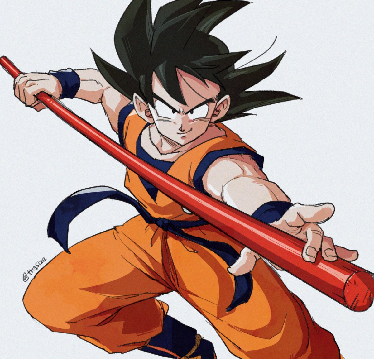 1boy black_eyes black_hair boots commentary_request dougi dragon_ball dragonball_z fighting_stance fingernails grey_background image_sample looking_at_viewer male_focus nyoibo shaded_face short_hair simple_background smile son_gokuu spiky_hair tkgsize twitter_sample twitter_username wristband