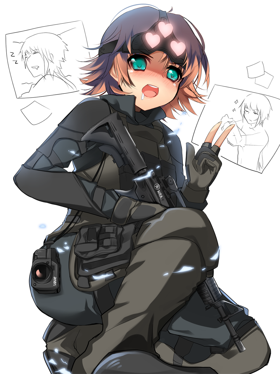 1boy 1girl ammunition_pouch assault_rifle blue_eyes boots camera drooling fingerless_gloves gloves gun heart highres kneeling lie_ren load_bearing_equipment m4_carbine night_vision_device nora_valkyrie pouch redhead rifle rwby short_hair tactical_clothes v weapon