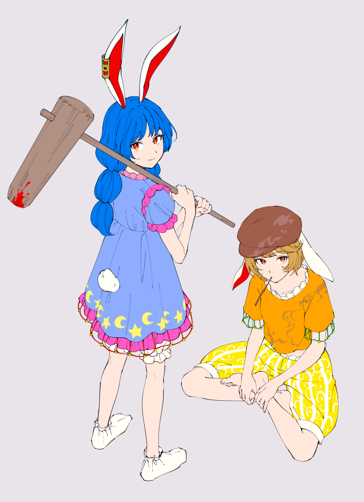 2girls aimai-me ambiguous_red_liquid animal_ears bangs blonde_hair blue_dress blue_hair bunny_tail crescent_moon_symbol dress ear_clip eating eyebrows_visible_through_hair flat_cap floppy_ears frilled_dress frills hat indian_style long_hair looking_at_viewer mallet multiple_girls orange_shirt pants puffy_short_sleeves puffy_sleeves rabbit_ears red_eyes ringo_(touhou) seiran_(touhou) shirt short_hair short_sleeves shorts simple_background sitting smile socks star tail touhou yellow_pants