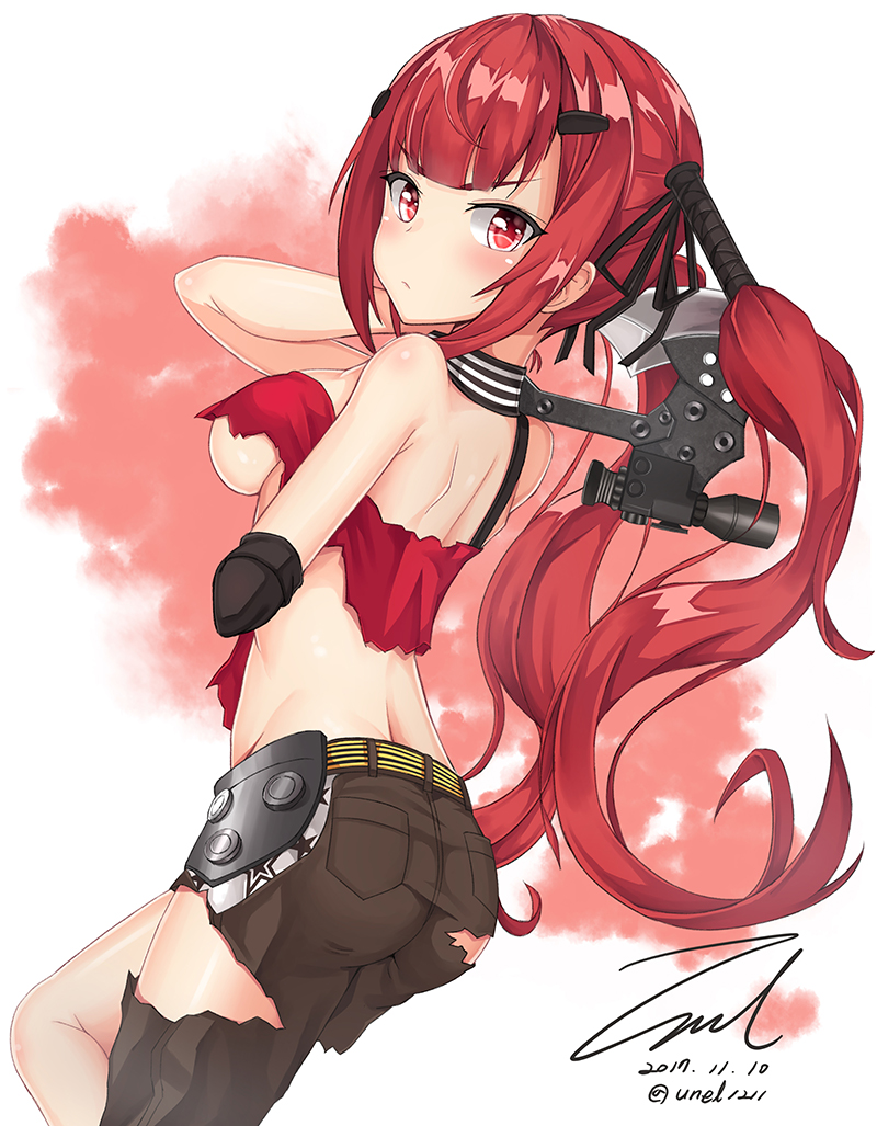 1girl ass axe back bangs bare_shoulders belt black_gloves blush breasts brown_pants closed_mouth cz-75_(girls_frontline) dated eyebrows_visible_through_hair girls_frontline gloves hair_ornament hair_ribbon hairclip holding holding_axe long_hair looking_at_viewer medium_breasts one_leg_raised pants red_eyes redhead ribbon scope shoulder_blades sidelocks signature simple_background sleeveless solo torn_clothes twintails twitter_username under_boob unel1211 weapon