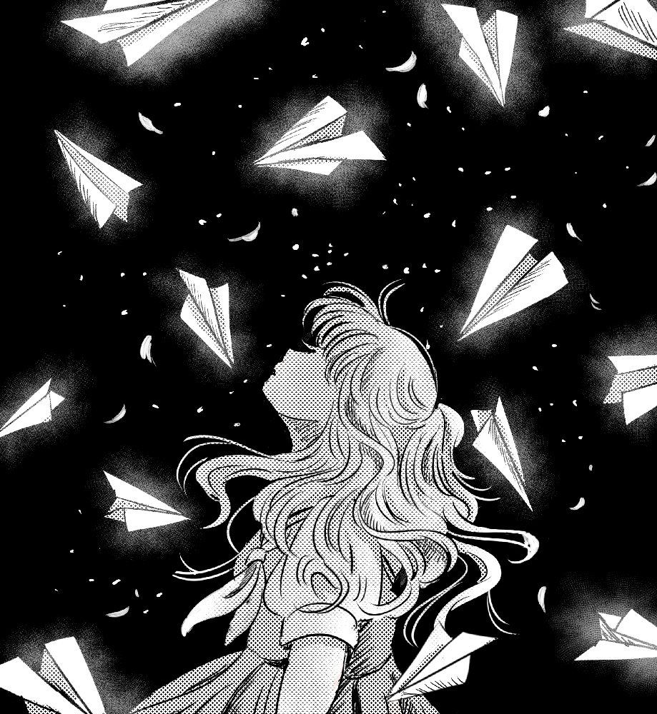 1girl black_background dress greyscale long_hair looking_up migite09 monochrome original paper_airplane profile solo stipple_coloring