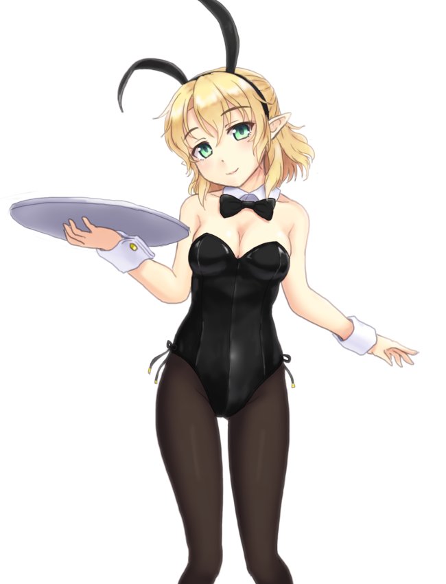 1girl alternate_costume animal_ears bare_shoulders bent_elbow black_bow black_legwear black_neckwear blonde_hair bow bowtie breasts bunny_girl bunnysuit cleavage closed_mouth collarbone commentary_request detached_collar eyebrows_visible_through_hair fake_animal_ears feet_out_of_frame gomi_(gomitin) green_eyes groin hair_between_eyes head_tilt highleg holding holding_tray lips looking_at_viewer medium_breasts medium_hair mizuhashi_parsee pantyhose pointy_ears rabbit_ears simple_background smile solo standing touhou tray white_background