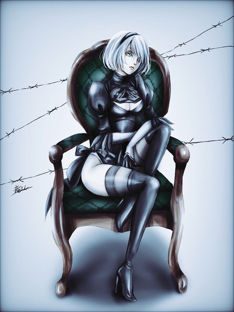 android barbed_wire black_dress black_hairband blue_eyes boots breasts chair cleavage cleavage_cutout dress feather-trimmed_sleeves hairband high_heel_boots high_heels juliet_sleeves long_sleeves mole mole_under_mouth nier_(series) nier_automata no_blindfold pink_lips puffy_sleeves silver_hair sitting thigh-highs thigh_boots thighhighs_under_boots thighs vambraces yorha_no._2_type_b
