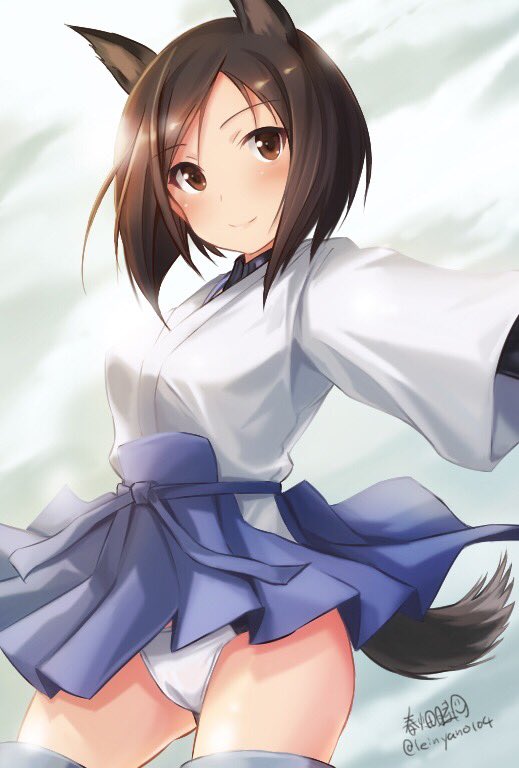 1girl animal_ears artist_name bangs blue_skirt brown_eyes brown_hair closed_mouth commentary_request cowboy_shot eyebrows_visible_through_hair hakama_skirt haruhata_mutsuki japanese_clothes kuroda_kunika long_sleeves looking_at_viewer miniskirt noble_witches panties pantyshot pantyshot_(standing) shirt short_hair signature skirt smile solo standing striker_unit swept_bangs tail twitter_username underwear white_shirt wide_sleeves world_witches_series