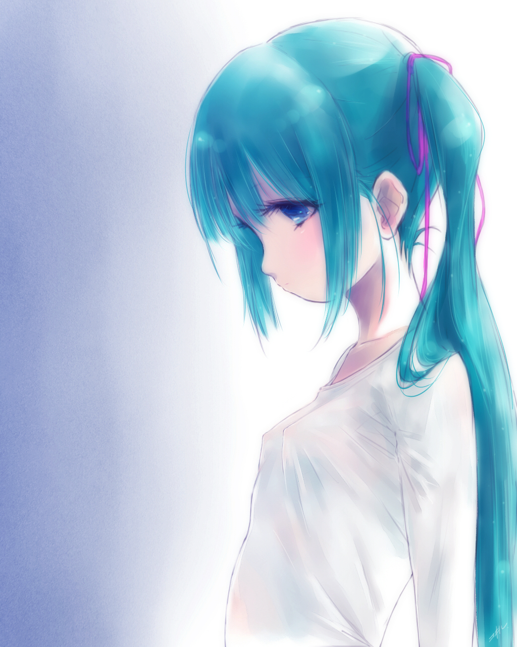 1girl aqua_hair blue_eyes breasts closed_mouth erect_nipples gradient gradient_background hatsune_miku highres kowiru long_hair profile small_breasts solo twintails vocaloid