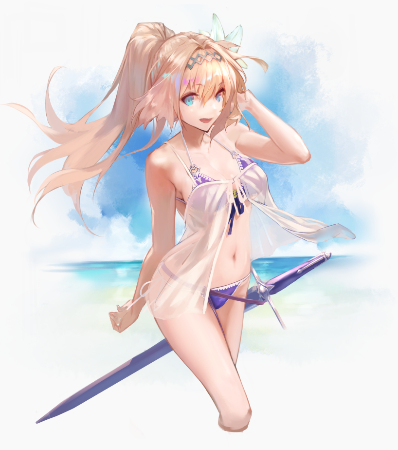 1girl :d arm_behind_back arm_up babydoll bare_shoulders bikini blonde_hair blue_eyes blue_sky breasts cleavage clouds collarbone cropped_legs day eyebrows_visible_through_hair flower front-tie_bikini front-tie_top granblue_fantasy ha2ru hair_between_eyes hair_flower hair_intakes hair_ornament hairband halterneck hand_in_hair high_ponytail horizon jeanne_d'arc_(granblue_fantasy) light_brown_hair long_hair looking_at_viewer medium_breasts navel ocean open_mouth outdoors purple_bikini purple_ribbon revision ribbon sheath sheathed side-tie_bikini sky smile solo standing stomach swimsuit sword thighs under_boob water weapon white_ribbon