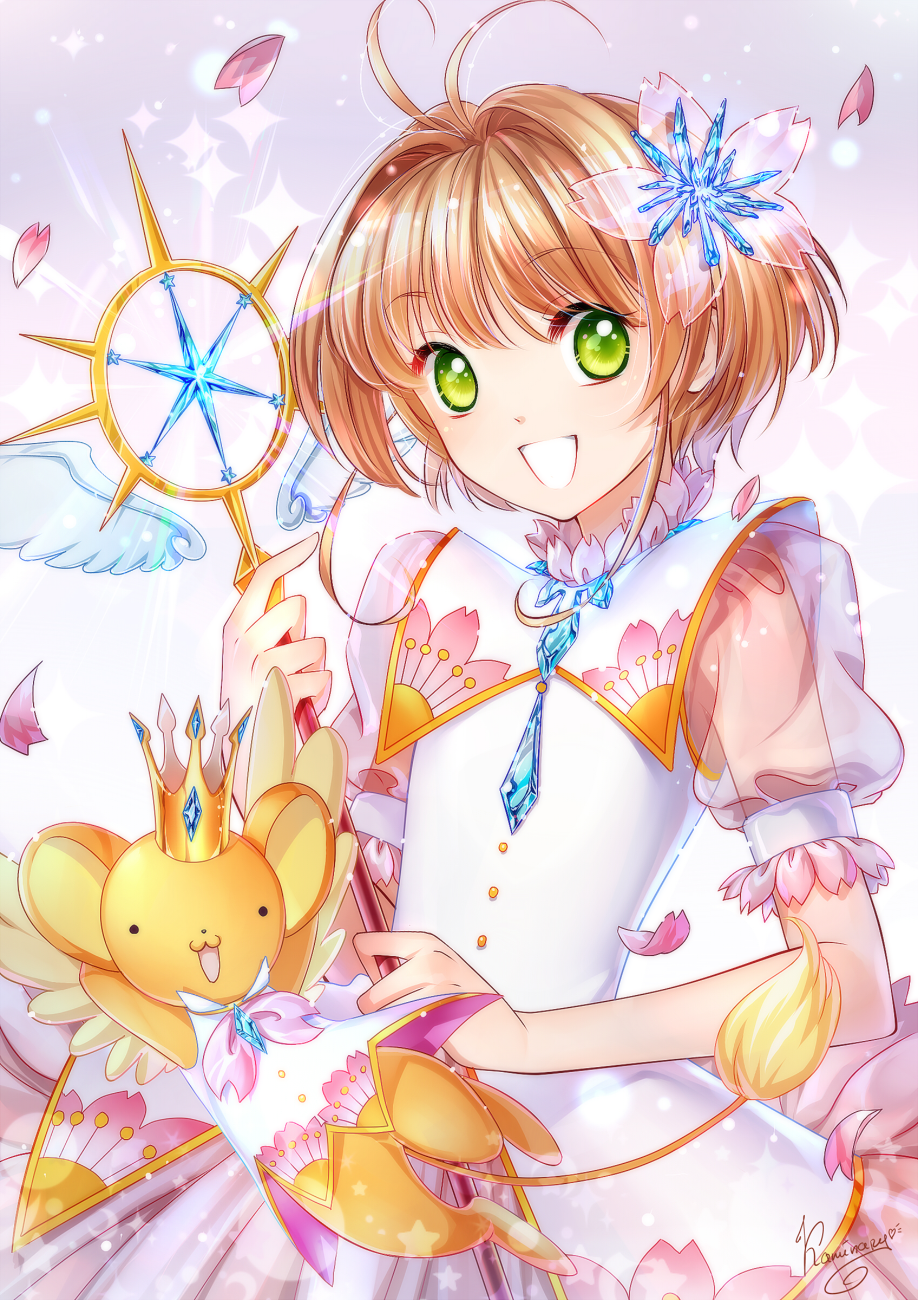 1girl antenna_hair brown_hair card_captor_sakura dress flower green_eyes hair_flower hair_ornament highres kaminary kero kinomoto_sakura looking_at_viewer magical_girl open_mouth petals puffy_short_sleeves puffy_sleeves see-through short_hair short_sleeves yume_no_tsue