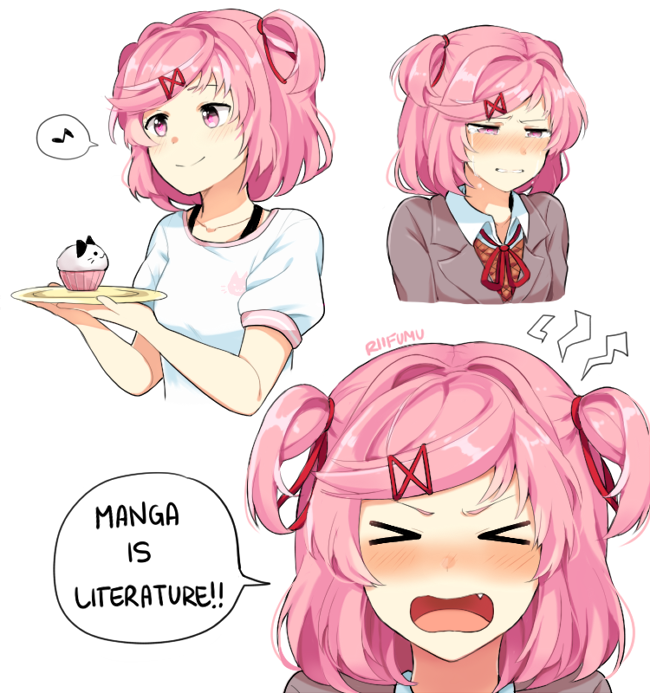 &gt;_&lt; 1girl :d animal_print artist_name bangs blazer blush casual cat_print closed_eyes closed_mouth collarbone commentary crying crying_with_eyes_open cupcake doki_doki_literature_club facing_viewer fang food grey_jacket hair_ornament hairclip half-closed_eyes holding holding_plate jacket long_sleeves looking_to_the_side multiple_views musical_note natsuki_(doki_doki_literature_club) no_legs nose_blush open_mouth pink_eyes pink_hair plate portrait ribbon riifumu school_uniform shirt short_hair short_sleeves simple_background smile speech_bubble tears two_side_up upper_body wavy_mouth white_background white_shirt wing_collar xd