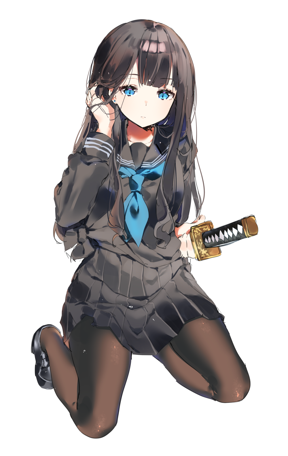 1girl adjusting_hair black_hair black_legwear blue_eyes earrings hair_tucking hand_in_hair highres holding holding_sword holding_weapon jewelry katana long_hair long_sleeves looking_at_viewer ongyageum original pantyhose school_uniform simple_background solo sword weapon white_background