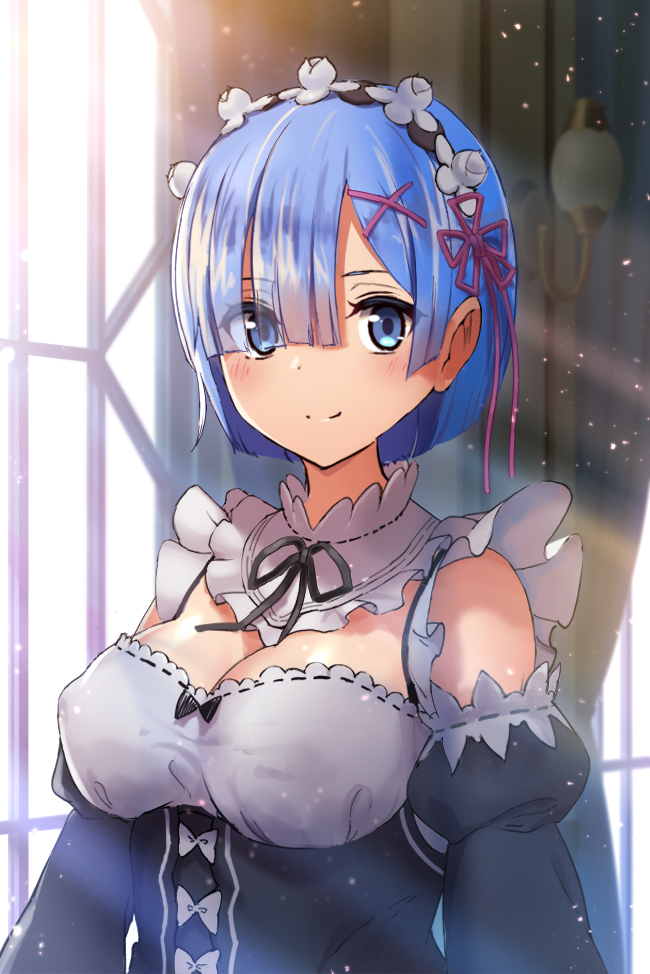 1girl bare_shoulders black_bow black_ribbon blue_eyes blue_hair blush bow breasts cleavage curtains detached_sleeves eyebrows_visible_through_hair frills hair_ornament hair_over_one_eye hair_ribbon indoors large_breasts looking_at_viewer maid maid_headdress mikomiko_(mikomikosu) pink_ribbon re:zero_kara_hajimeru_isekai_seikatsu rem_(re:zero) ribbon short_hair smile solo sunlight upper_body wall_lamp white_bow window x_hair_ornament