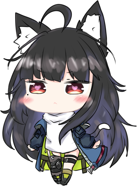 1girl :&lt; ahoge animal_ears asymmetrical_legwear bailingxiao_jiu bangs black_footwear black_hair black_jacket black_legwear blush brown_eyes brown_legwear cat_ears cat_girl cat_tail character_request chibi closed_mouth commentary_request eyebrows_visible_through_hair full_body girls_frontline heart heart-shaped_pupils jacket kneehighs long_hair long_sleeves open_clothes open_jacket puffy_long_sleeves puffy_sleeves shirt simple_background single_kneehigh single_thighhigh solo standing striped striped_legwear symbol-shaped_pupils tail thigh-highs very_long_hair white_background white_shirt