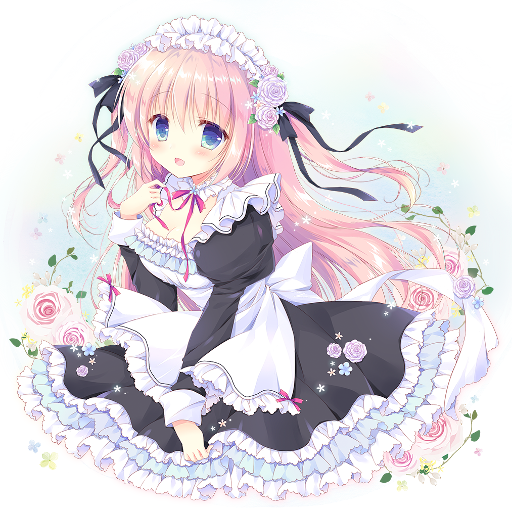 1girl :d bangs black_bow black_dress blue_eyes blush bow breasts cleavage commentary_request dress eyebrows_visible_through_hair flower frilled_dress frills hair_between_eyes hair_bow hasekura_chiaki juliet_sleeves long_hair long_sleeves looking_at_viewer maid maid_headdress medium_breasts open_mouth original pink_flower pink_hair pink_rose puffy_sleeves rose smile solo two_side_up very_long_hair