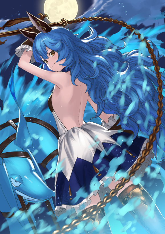 1girl animal_ears backless_outfit bangs bare_back bare_shoulders black_gloves blue_hair blue_skirt breasts brown_eyes chains closed_mouth clouds cloudy_sky commentary_request erune eyebrows_visible_through_hair ferry_(granblue_fantasy) frilled_skirt frills from_behind full_moon gloves granblue_fantasy hair_between_eyes holding long_hair moon night night_sky outdoors pleated_skirt shirt skirt sky small_breasts smile solo very_long_hair wasabi60 white_shirt