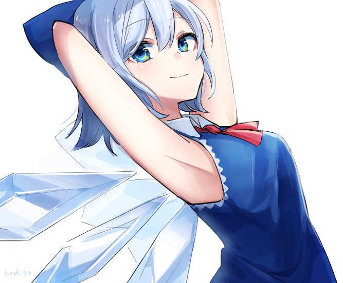1girl armpits arms_behind_head arms_up bangs blue_bow blue_dress blue_eyes blue_hair bow cirno closed_mouth dress eyebrows_visible_through_hair from_side hair_between_eyes hair_bow ice ice_wings kuroda_(chokobo_314) looking_at_viewer red_neckwear short_hair simple_background smile solo touhou twitter_username upper_body white_background wings