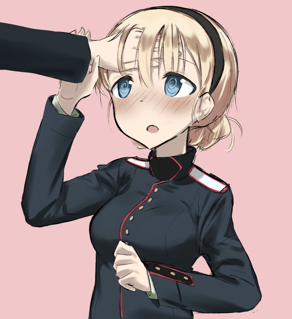 1girl blonde_hair blue_eyes blush braid braided_bun fankupl hand_on_forehead military military_uniform noble_witches open_mouth rosalie_de_hemricourt_de_grunne simple_background solo strike_witches uniform wavy_mouth world_witches_series