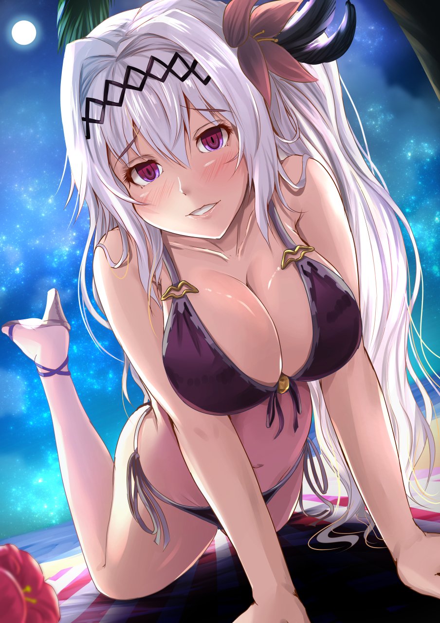 1girl arm_support bangs banner bare_arms bare_shoulders bikini blush breasts cleavage collarbone eyebrows_visible_through_hair feathers flower foreshortening front-tie_bikini front-tie_top granblue_fantasy hair_between_eyes hair_feathers hair_ornament high_heels highres horizon jeanne_d'arc_(granblue_fantasy) kanzaki_kureha large_breasts legs_up long_hair looking_at_viewer navel night night_sky open_mouth outdoors red_eyes ribbon side-tie_bikini sidelocks silver_hair sky smile solo swimsuit tareme very_long_hair