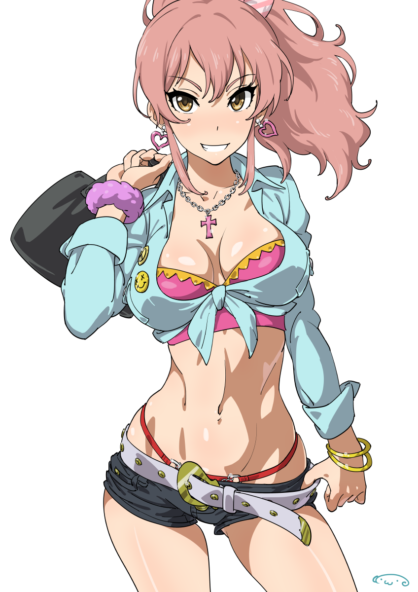 1girl belt bracelet breasts cleavage commentary_request cross earrings eyebrows_visible_through_hair front-tie_top grin heart heart_earrings highres holding_bag idolmaster idolmaster_cinderella_girls jewelry jougasaki_mika looking_at_viewer medium_breasts midriff navel necklace pendant pink_hair revision scrunchie shiny shiny_skin shirt short_shorts shorts simple_background smile solo standing suna thong tied_shirt white_background wrist_scrunchie