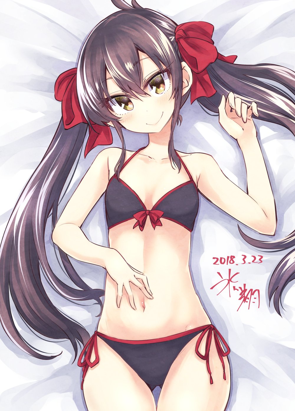 1girl bangs bed bed_sheet bikini black_hair black_swimsuit bow breasts commentary dated hair_between_eyes hair_ribbon highres hikawa_shou idolmaster idolmaster_cinderella_girls long_hair looking_at_viewer matoba_risa navel red_bow ribbon side-tie_bikini signature small_breasts smile solo swimsuit twintails yellow_eyes