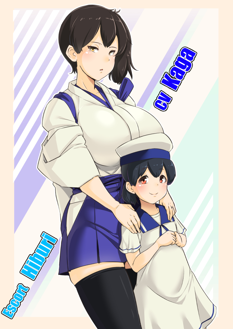 2girls black_hair black_legwear breasts brown_eyes brown_hair commentary hakama_skirt hat hiburi_(kantai_collection) kaga_(kantai_collection) kantai_collection large_breasts multiple_girls red_eyes ryuun_(stiil) side_ponytail thigh-highs