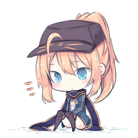1girl artoria_pendragon_(all) bangs beni_shake black_hat black_legwear blonde_hair blue_eyes blue_jacket blue_scarf blush chibi closed_mouth commentary_request eyebrows_visible_through_hair fate/extella fate/extra fate/grand_order fate_(series) flat_cap full_body hair_between_eyes hair_through_headwear hat high_ponytail jacket long_hair long_sleeves looking_at_viewer lowres mysterious_heroine_x open_clothes open_jacket ponytail rojiura_satsuki:_chapter_heroine_sanctuary scarf shirt sitting solo track_jacket white_background white_shirt