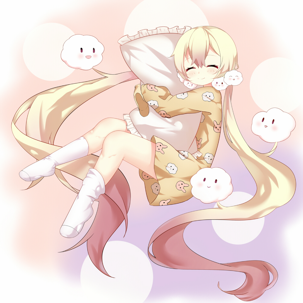 1girl :&gt; :d ^_^ animal_print bangs blonde_hair blush brown_shirt bunny_print chihong_de_tianshi closed_eyes closed_mouth cloud_print clouds commentary_request eyebrows_visible_through_hair facing_viewer frilled_pillow frills hair_between_eyes long_hair long_sleeves low_twintails mahou_shoujo_ikusei_keikaku mahou_shoujo_ikusei_keikaku_unmarked nemurin no_shoes open_mouth pajamas parted_lips pillow pillow_hug print_pajamas print_shirt shirt sleeves_past_fingers sleeves_past_wrists smile socks solo triangle_mouth twintails very_long_hair white_legwear white_pillow
