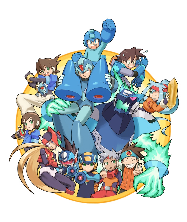 2girls 6+boys aile android arm_cannon arm_up ashe_(rockman) blonde_hair blue_eys bracelet brown_eyes brown_hair capcom carrying child closed_eyes commentary_request crossed_arms crystal gem gloves green_eyes grey_(rockman) grey_hair hand_gesture headband helmet hikari_netto holding hoshikawa_subaru_(rockman) jewelry kin_niku model_x model_z multiple_boys multiple_girls one_eye_closed open_mouth panicking robot rock_volnutt rockman rockman_(character) rockman_(classic) rockman_dash rockman_exe rockman_exe_(character) rockman_x rockman_zero rockman_zx rockman_zx_advent ryuusei_no_rockman shoulder_carry sitting smile spiky_hair teeth vent warrock weapon white_gloves x_(rockman) zero_(rockman)