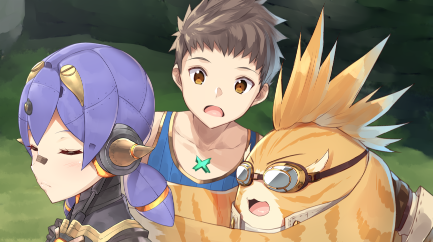 1girl 2boys android bandaid bandaid_on_nose blonde_hair blue_tank_top blush brown_eyes brown_hair closed_eyes collarbone creature gem goggles grass hana_(xenoblade) long_hair low_twintails maintenance multiple_boys open_mouth outdoors purple_hair robot_joints sleeveless tank_top tora_(xenoblade) twintails upper_body v-shaped_eyebrows xenoblade_2 yappen