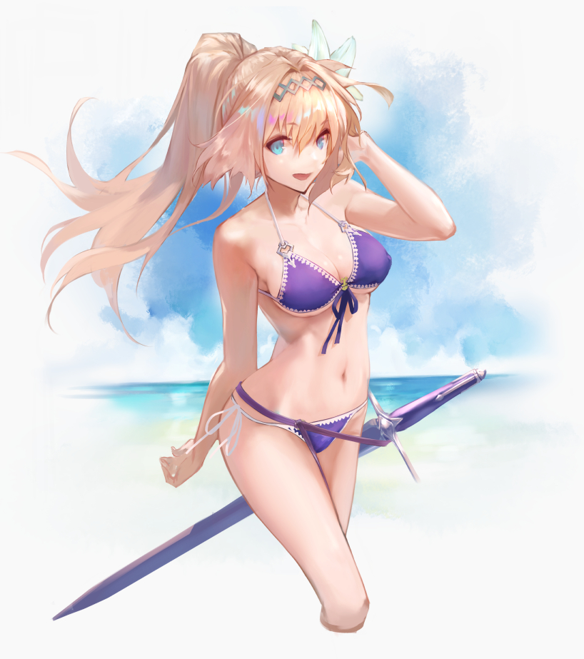 1girl :d arm_behind_back arm_up bare_shoulders bikini blonde_hair blue_eyes blue_sky breasts cleavage clouds collarbone cropped_legs day eyebrows_visible_through_hair flower front-tie_bikini front-tie_top granblue_fantasy ha2ru hair_between_eyes hair_flower hair_intakes hair_ornament hairband halterneck hand_in_hair high_ponytail horizon jeanne_d'arc_(granblue_fantasy) light_brown_hair long_hair looking_at_viewer medium_breasts navel ocean open_mouth outdoors purple_bikini purple_ribbon revision ribbon sheath sheathed side-tie_bikini sky smile solo standing stomach swimsuit sword thighs under_boob water weapon white_ribbon