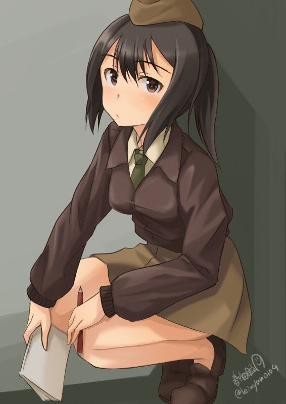 1girl artist_name bangs brown_eyes brown_footwear brown_hair brown_hat brown_jacket brown_neckwear brown_skirt closed_mouth commentary_request dress_shirt eyebrows_visible_through_hair garrison_cap geena_preddy grey_background haruhata_mutsuki hat jacket loafers looking_at_viewer military_hat miniskirt necktie noble_witches noteboody pencil shirt shoes short_hair signature simple_background skirt solo squatting twitter_username white_shirt wing_collar world_witches_series