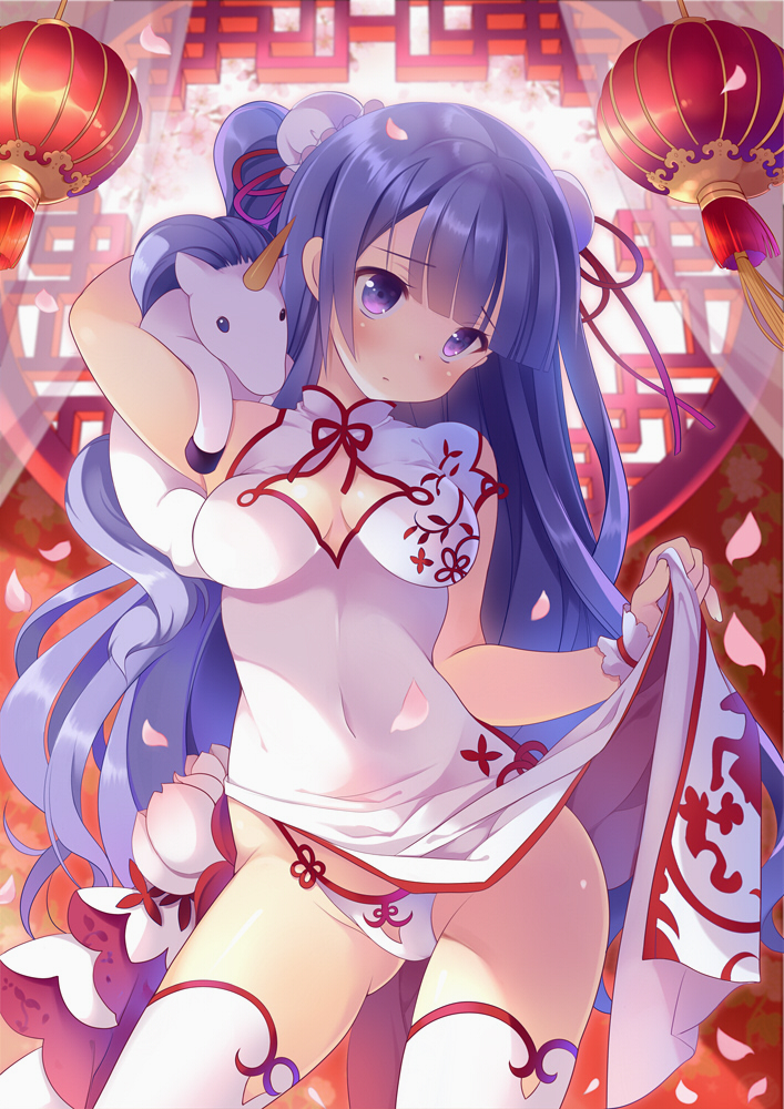 1girl azur_lane bangs blush breasts bun_cover china_dress chinese_clothes closed_mouth commentary_request covered_navel double_bun dress dress_lift eyebrows_visible_through_hair flower groin head_tilt hoshino_koucha impossible_clothes impossible_dress large_breasts lifted_by_self long_hair panties pelvic_curtain petals purple_hair red_ribbon ribbon short_sleeves side_bun solo stuffed_animal stuffed_pegasus stuffed_toy stuffed_unicorn thigh-highs underwear unicorn_(azur_lane) very_long_hair violet_eyes white_dress white_flower white_legwear white_panties